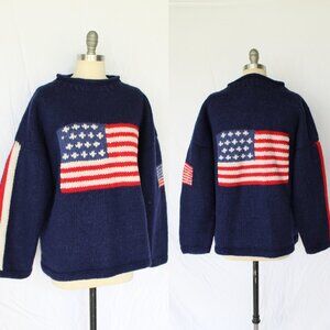 Vintage American Flag Sweater Wool Handmade Ecuador Unisex Cowichan jumper L